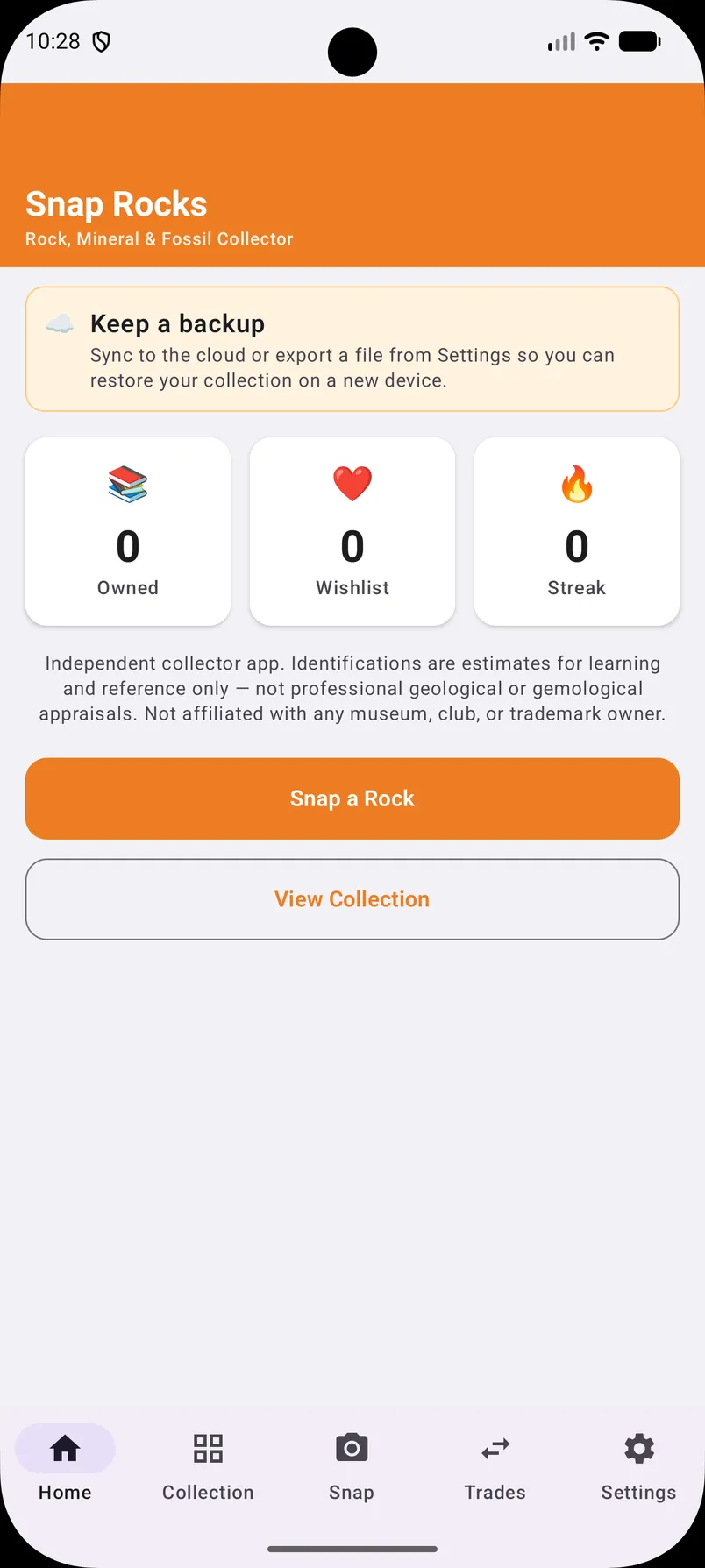 Snap Rocks home: owned, wishlist, and streak counts with Snap a Rock and View Collection.
