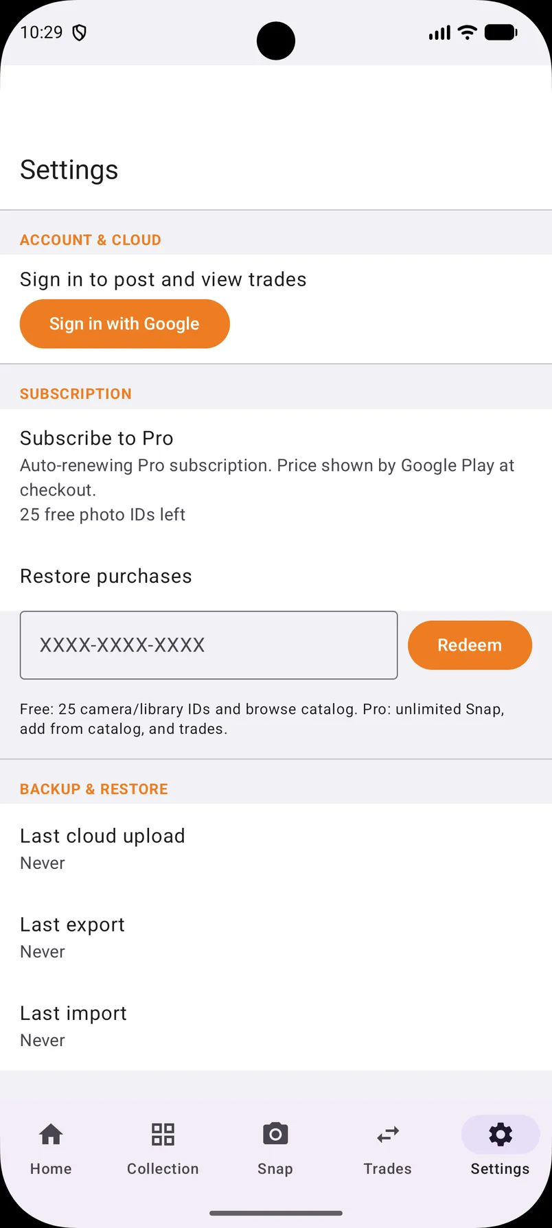Settings: Sign in with Google, Pro subscription, redeem code, and backup timestamps.
