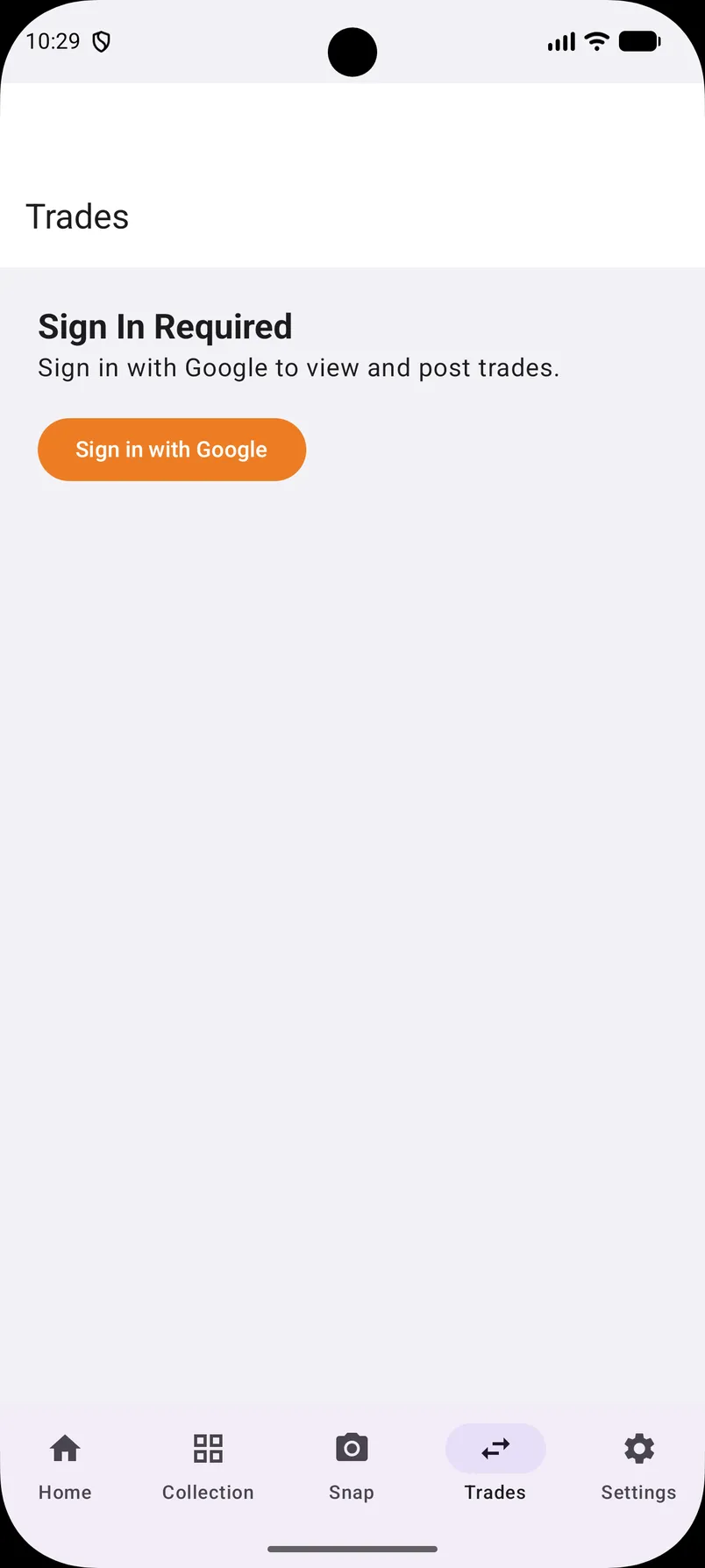 Trades tab prompting Sign in with Google to view and post trades.